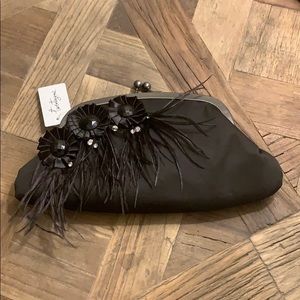 NWT Forever 21 Black Satin Feather Clutch